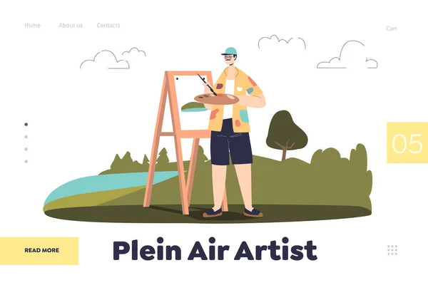 Plein air artist concept di landing page con uomo pittore che disegna all'aperto — Vettoriale Stock