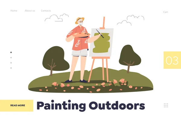 Pintura ao ar livre conceito de landing page com o homem sênior desenho imagem ao ar livre — Vetor de Stock