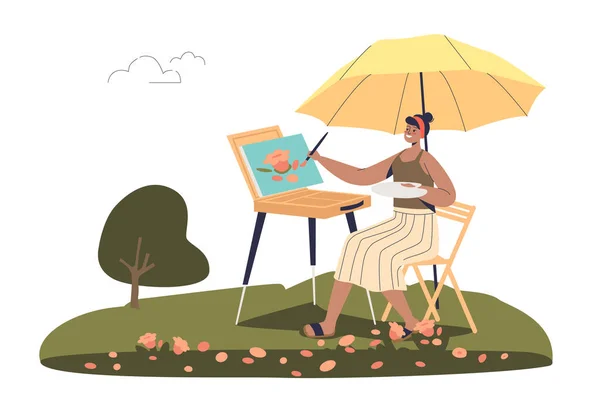 Женщина-художник рисует под открытым небом, женщина-художник на пленэре рисует пейзажи на открытом воздухе — стоковый вектор