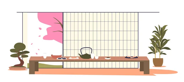 Japońskie wnętrze: orientalna jadalnia ze stołem, czajnikiem i tradycyjną kuchnią wschodnią — Wektor stockowy