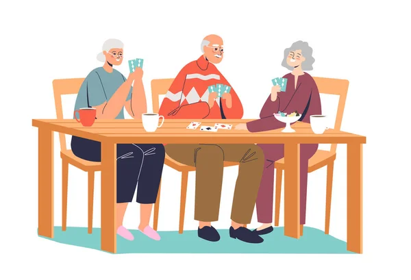 Skupina šťastných seniorů hrajících karty. Starší přátelé setkání s deskovými hrami — Stockový vektor