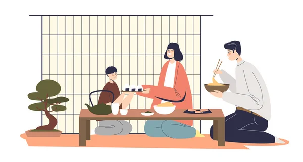 Japonés famlily cenar juntos: padres y niño sentado en el suelo en la mesa con comida asiática — Archivo Imágenes Vectoriales