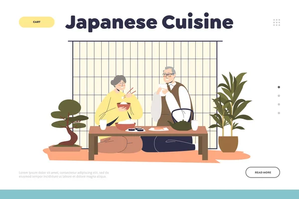 Conceito de cozinha japonesa de landing page com casal sênior comendo comida asiática tradicional — Vetor de Stock