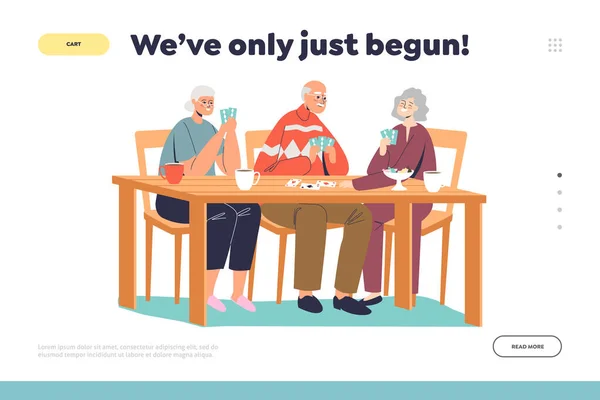 La vita inizia dopo il concetto di pensionamento della pagina di destinazione con un gruppo di anziani felici che giocano a carte — Vettoriale Stock