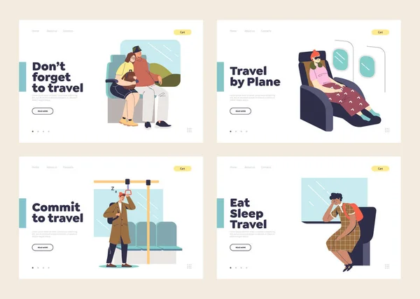 Concept de voyage et de transport d'un ensemble de pages d'atterrissage avec passagers dans l'avion, le train et le métro — Image vectorielle