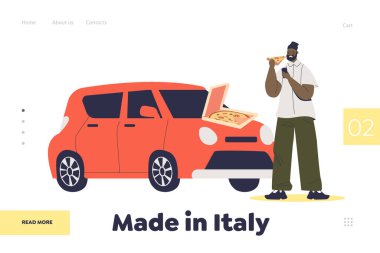 Pizza siparişi konsepti. Kaputta pizza yiyen bir adamla iniş sayfası.