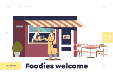 Kadın maskeli bir kadınla iniş sayfası konsepti olan covid-19 sırasında paket kahve.