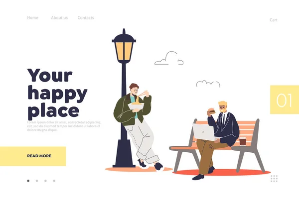 Überall essen Konzept der Landing Page mit Menschen essen Essen zum Mitnehmen im Freien — Stockvektor