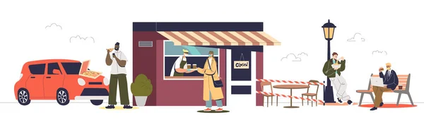 Lidé kupující jídlo a nápoje s sebou v kavárně pro kovidovou ochranu a prevenci — Stockový vektor