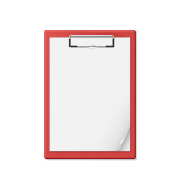 Red clipboard with a few sheets of paper. Realistic style. Notepad for documents