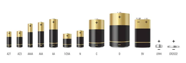 Alkaliska batterier realistiska uppsättning. Olika typer av batterier isolerade på vit bakgrund — Stock vektor