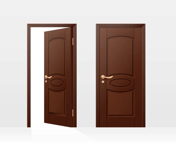Otwarte i zamknięte brązowe drewniane wejście realistyczne drzwi izolowane na białym tle — Wektor stockowy