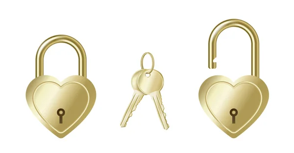 Cadenas réalistes en forme de coeur ouverts et fermés avec des clés en or — Image vectorielle