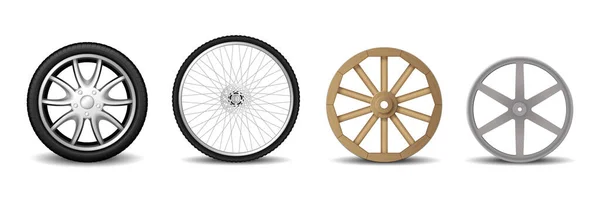 Conjunto de ruedas realistas: neumático de coche, llanta, rueda de bicicleta de montaña y rueda de madera vieja para carro — Vector de stock