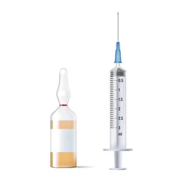 Ampoule with vaccine, insulin or vitamins and syringe isolated on white background — Stock Vector