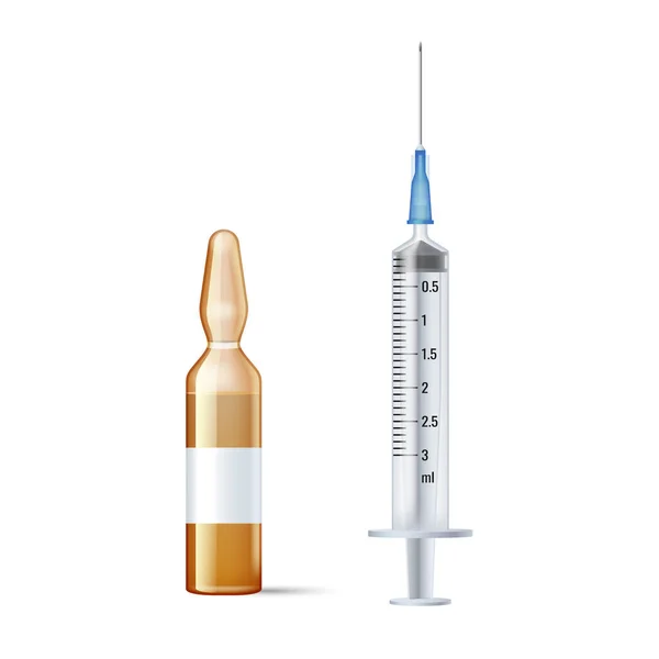 Transparent glass ampule and syringe. Mock up template medical vial with liquid medicament — Stock Vector