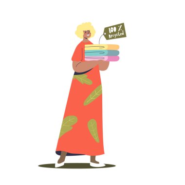 Bir yığın geri dönüşümlü çevre dostu kıyafet tutan bir kadın. Sürdürülebilir moda kavramı