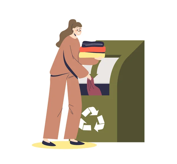 Ragazza gettando vestiti usati in contenitore per il riciclaggio. Rifiuti zero e produzione ecologica — Vettoriale Stock