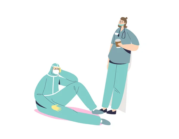 Κουρασμένος γιατρός και νοσηλευτής με προστατευτική στολή και μάσκες καταπονημένοι κατά τη διάρκεια πανδημίας κοβιδίου — Διανυσματικό Αρχείο