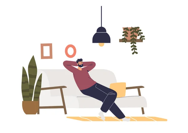 Άνδρας που χαλαρώνει στον καναπέ στο σαλόνι. Γελοιογραφία αρσενικό έχει ανάπαυση στον καναπέ στο σπίτι — Διανυσματικό Αρχείο