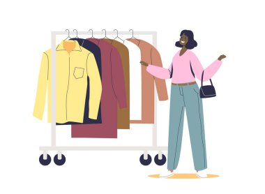 Askıda kıyafet seçen bir kadın. Moda mağazasında alışveriş yapan kadın karakter.