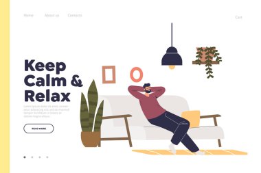 Sakin ol ve rahatla. Oturma odasında kanepede dinlenen bir adamla iniş sayfası.