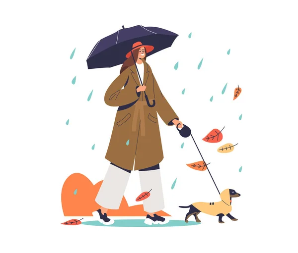Femme marchant avec chien sous parapluie pendant la pluie d'automne portant un manteau — Image vectorielle