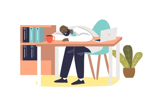 Fáradt gyakorló orvos alszik az íróasztalán az irodájában. Túlhajszolt egészségügyi dolgozó — Stock Vector