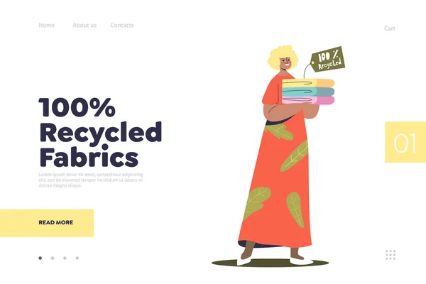 Concepto de tela reciclada de landing page con mujer sosteniendo pila de ropa ecológica — Archivo Imágenes Vectoriales