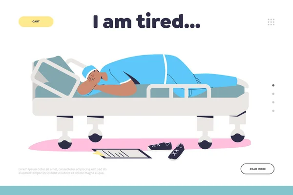 Fáradt orvos alszik hordágyon klinikán vagy kórházban járvány idején a covid-19, leszállási oldal — Stock Vector