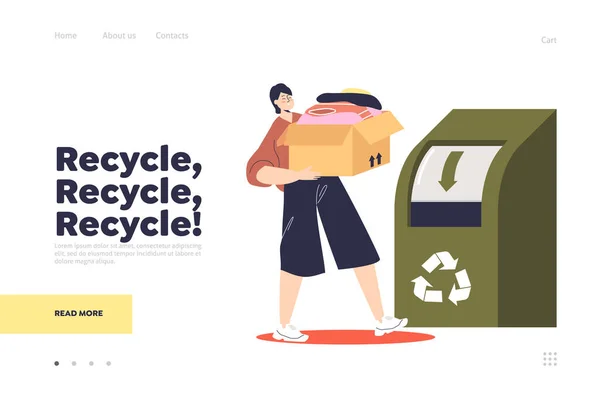 Recycle-Awareness-Konzept der Zielseite mit Frau, die Schachtel mit Altkleidern für das Recycling spendet — Stockvektor