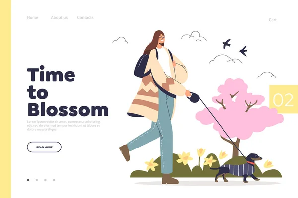 Lente - tijd om te bloeien concept van landing page met vrouw wandelen met hond over bloeiende bomen — Stockvector