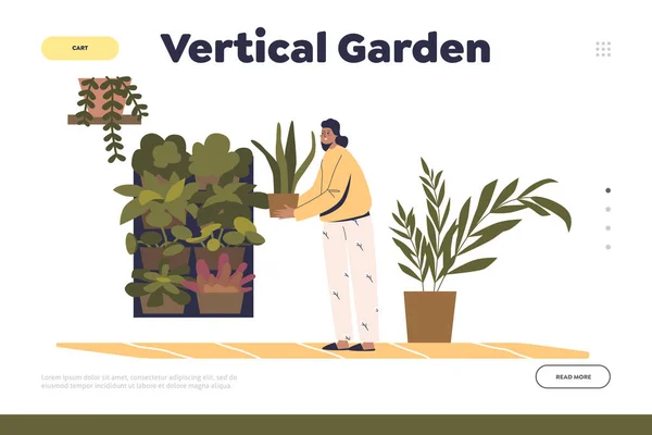 Vertikální zahrada vytváří koncept přistávací stránky se ženou pečující o rostliny na zdi — Stockový vektor