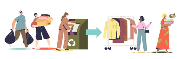 Conjunto de reciclaje de telas y textiles con personas que donan ropa usada para una moda ecológica — Archivo Imágenes Vectoriales