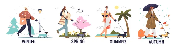 Четыре сезона с симпатичной женщиной, гуляющей с собакой осенью, весной, летом и зимой — стоковый вектор