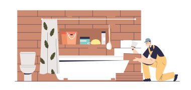 Tiler modern banyoda seramik fayanslar döşüyordu. Tamirci, küveti yeniliyor.