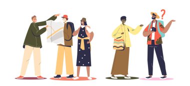 Turistler yol sorar. Yürürken kaybolan yolculardan yön bulma konusunda yardım isteyin.