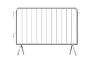 Gri metalik çit. Beyaz arkaplanda izole edilmiş kentsel taşınabilir metal bariyer