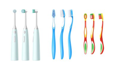 Beyaz arka planda farklı diş fırçası seti: plastik, elektrikli otomatik ve çocukların diş fırçası