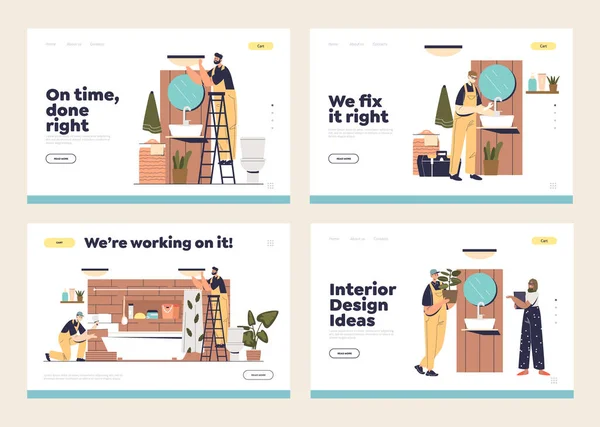 Handyman service för badrum interiör renovering och reparation koncept av uppsättning landningssidor — Stock vektor
