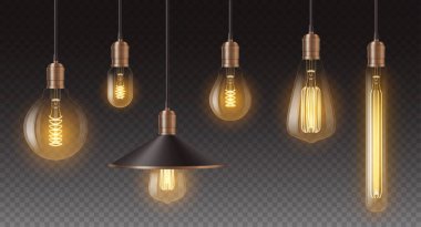 Realistic retro light bulbs set. Decorative vintage design edison lightbulbs of different shapes clipart