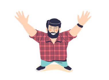 Mutlu adam yukarı bakıyor. Tepeden bakınca, heyecanlı gülümseyen genç bir hippi çizgi film karakteri.