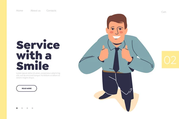 Servicio con concepto de sonrisa de landing page con empresario feliz mirando hacia arriba y mostrando el pulgar hacia arriba — Vector de stock