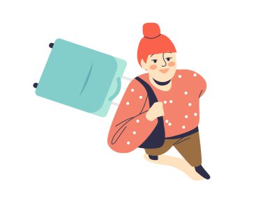 Bavullu genç kız yukarı bakıyor. Seyahatten önce bavulu olan turist kadın, yukarıdan manzara