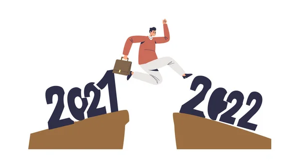 Affärsman hoppar från 2021 till 2022 i framgångsrik framtid med strategi och plan för utveckling — Stock vektor
