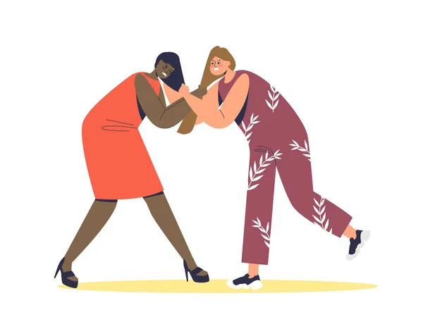Two women fighting and pulling hair. Angry cartoon females aggressive arguing Stock Vector