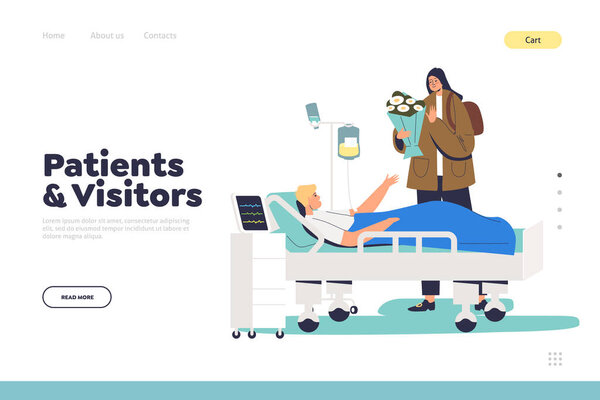 Больничные пациенты и посетители концепция целевой страницы с девушкой у больного мальчика на больничной койке