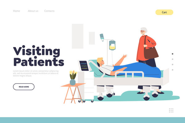 Посещение пациентов в больничной концепции посадочной полосы со старшей леди, стоящей у лежащего в палате мужчины