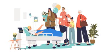 Büyük bir aile hasta oğlunu hastanede ziyaret ediyor. Hasta ve ziyaretçi yoğun terapi hastane koğuşunda.