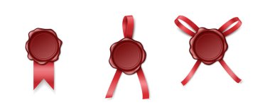 Saten kurdeleli kırmızı mühür damgası. Posta ve posta için retro pul seti.